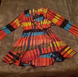 Color block elastic waist ruffle wrap dress